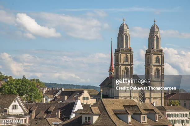 grossmunster cathedral, zurich, switzerland - grossmünster stock-fotos und bilder