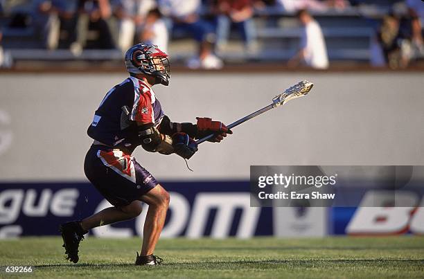 Doug Knight of the Boston Cannons keeps his eye on the ball during the Major League Lacrosse game against the Long Island Lizards at Cawley Field in...