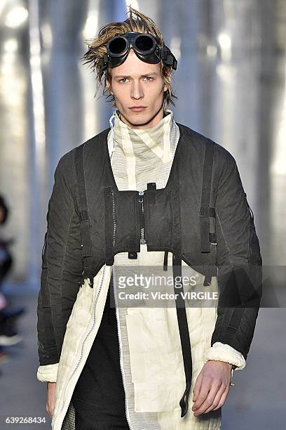 Model walks the runway during the Boris Bidjan Saberi Menswear Fall/Winter 2017-2018 show as part of Paris Fashion Week on January 19, 2017 in Paris,...