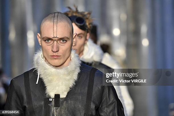 Model walks the runway during the Boris Bidjan Saberi Menswear Fall/Winter 2017-2018 show as part of Paris Fashion Week on January 19, 2017 in Paris,...