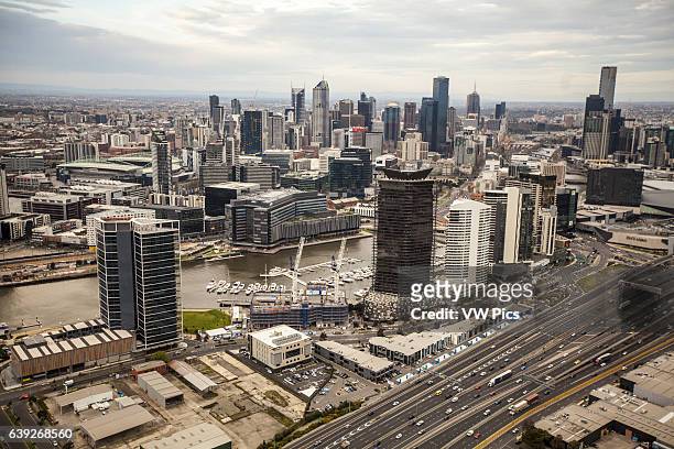 Aerial view of the Docklands Melbourne shot from the south west at low levels.