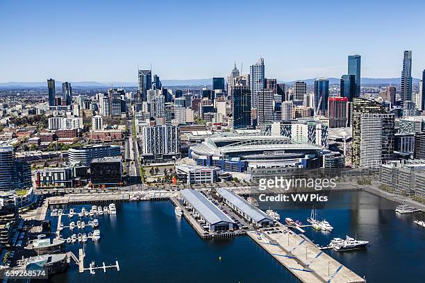 Aerial view of the Docklands in Melbourne including the CBD, Etihad Stadium and La Trobe Street.