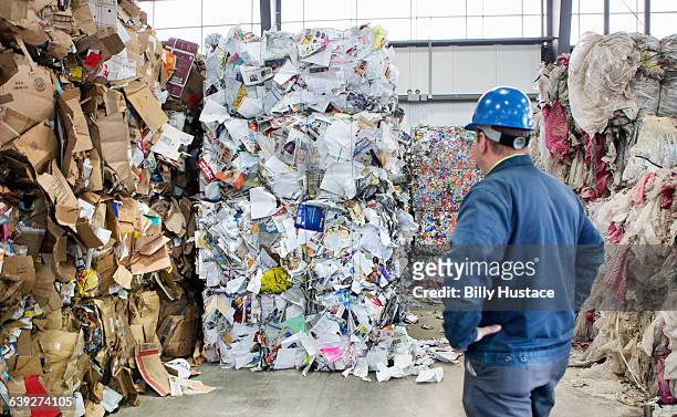 worker inspecting a waste management facility - recycling stock pictures, royalty-free photos & images