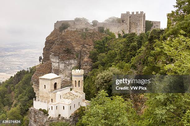 Torretta Pepoli and Castello Di Venere behind, Erice, near Trapani, Sicily, Italy.