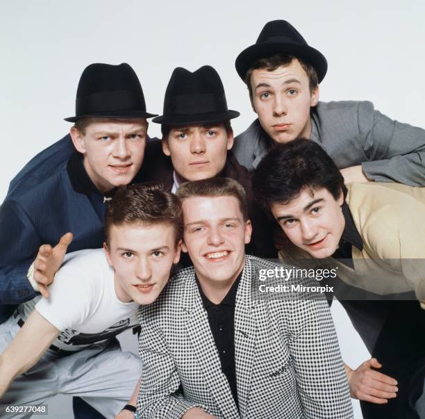 Pop group Madness pose in the Daily Mirror Studio, minus member Lee Thompson. 11th February 1980.