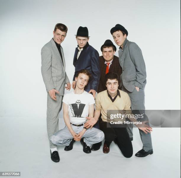 Pop group Madness pose in the Daily Mirror Studio, minus member Lee Thompson. 11th February 1980.