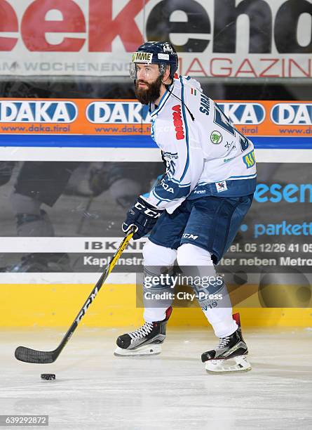 Andrew Sarauer of Fehervar AV19 handles the puck during the action shot on October 7, 2016 in Innsbruck, Austria.