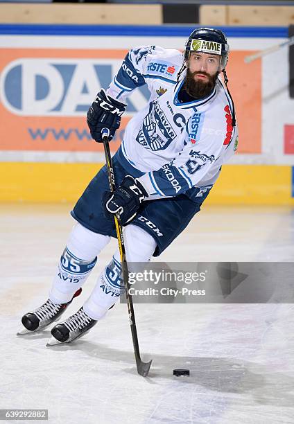 Andrew Sarauer of Fehervar AV19 handles the puck during the action shot on October 7, 2016 in Innsbruck, Austria.