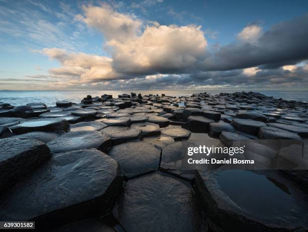 giant's causeway basalt columns with atlantic ocean in the distance - vulkanisch gesteente stockfoto's en -beelden