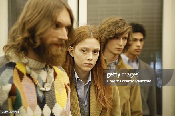 Model Natalie Westling is seen backstage ahead of the Prada show during Milan Men's Fashion Week Fall/Winter 2017/18 on January 15, 2017 in Milan,...