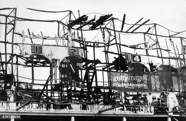 The burnt out Tote board at Belle Vue race track, Manchester following a fire. July 1980.