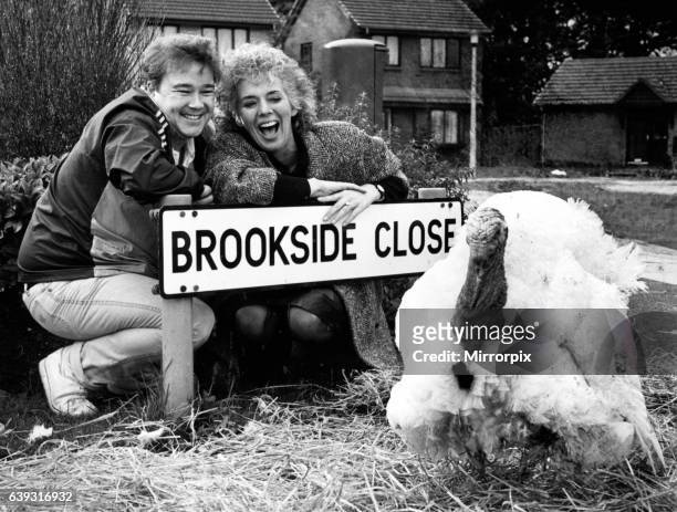 Michael stark and Sue Johnston from the Brookside cast with Trevor the Turkey. 6th November 1985.