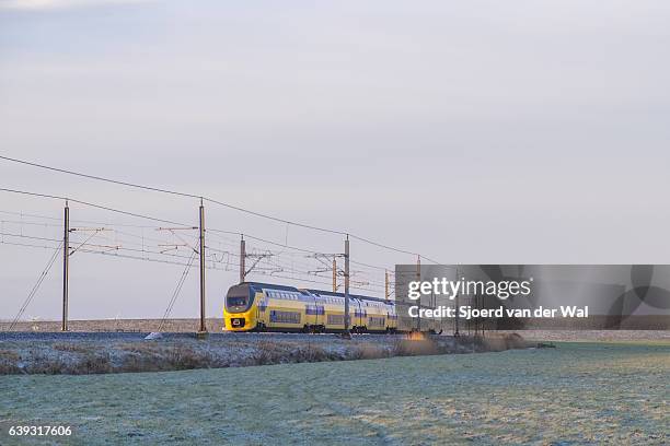 train of the dutch railways driving through frozen winter landscape - sjoerd van der wal or sjonature imagens e fotografias de stock