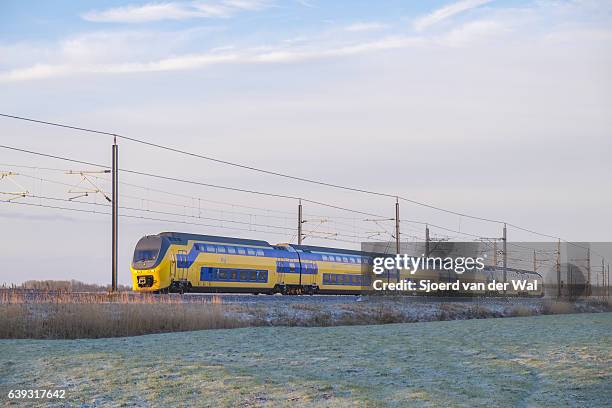 train of the dutch railways driving through frozen winter landscape - sjoerd van der wal or sjonature imagens e fotografias de stock