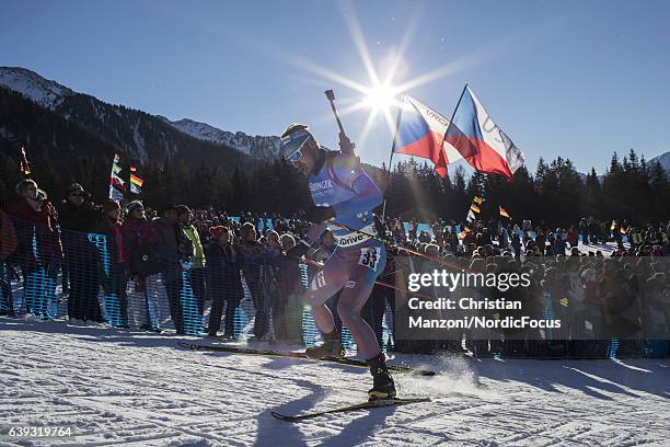 Anton Shipulin of Russia competes during the 20 km men's Individual on January 20, 2017 in Antholz-Anterselva, Italy.