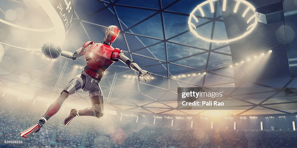 Cyborg Basketball Player About To Slam Dunk During Futuristic Game
