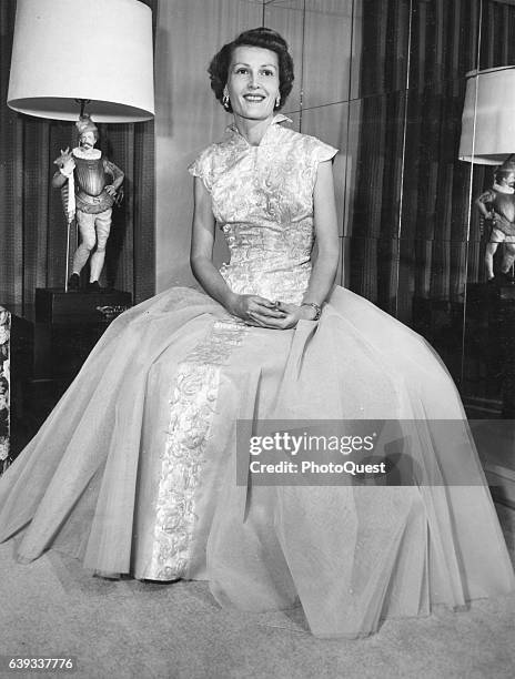 Portrait of American future First Lady Pat Nixon as she models her Inaugural Ball gown, Washington DC, Janaury 15, 1953.