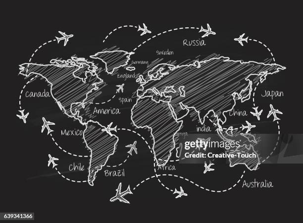 flight plan on blackboard - travel plane stock illustrations