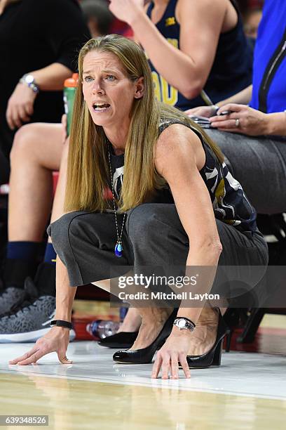 Head coach Kim Barnes Arico of the Michigan Wolverines looks on during a women's college basketball game against the Maryland Terrapins at the...