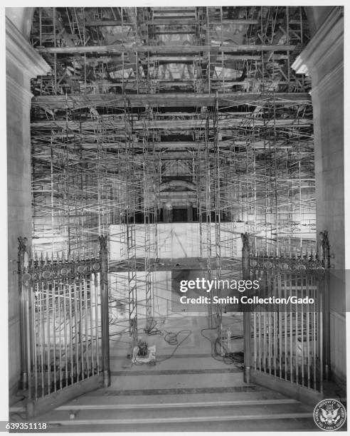 Scaffolding for repairs to Exhibition Hall at the US Capitol Hill Visitor Center, Washington, DC, September 11, 1952. .