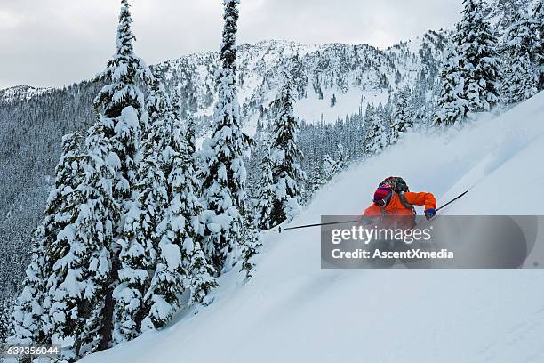 skiing in deep powder through the trees - extreem skiën stockfoto's en -beelden