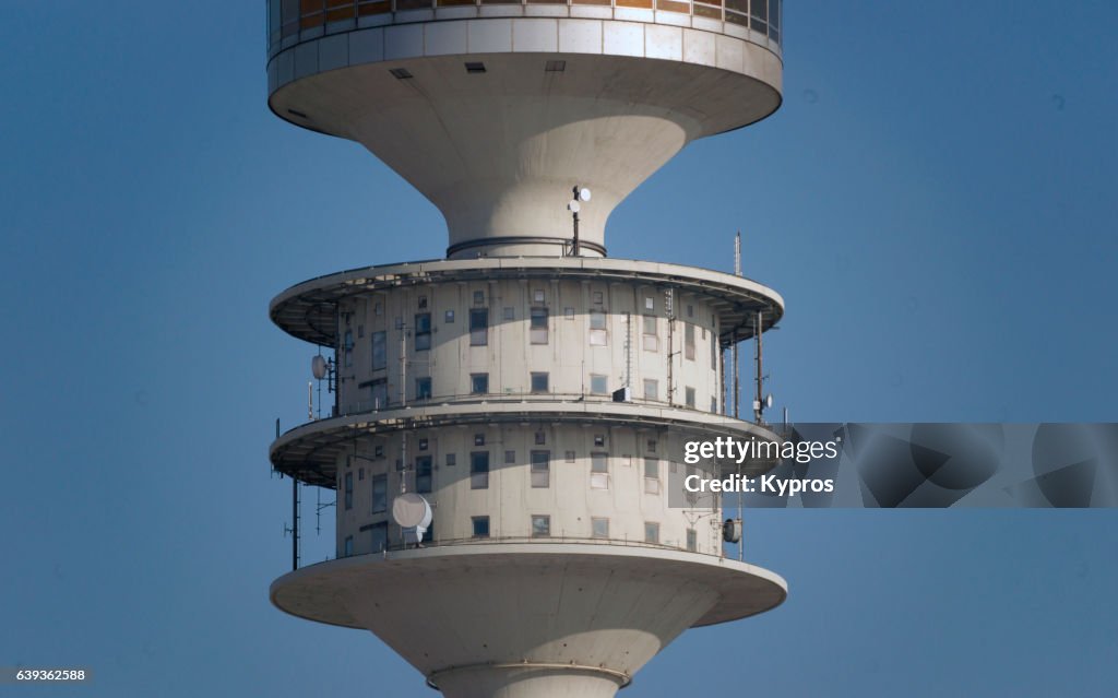 Europe, Germany, Munich, Winter View Of Snow Covered Olympic Tower Or Olympiaturm Communications Tower