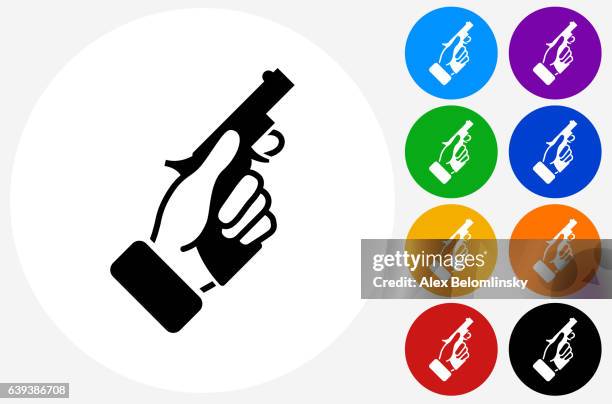 starter pistol icon on flat color circle buttons - handgun outline stock illustrations