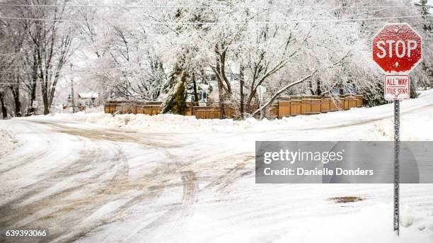 snow-covered road intersection and stop sign in winter - danielle donders stock pictures, royalty-free photos & images