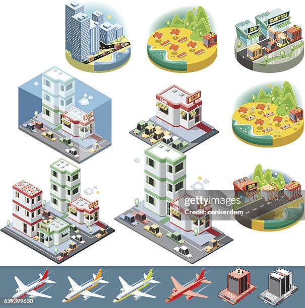 ilustraciones, imágenes clip art, dibujos animados e iconos de stock de ciudad isométrica y objetos - finca-cafetera