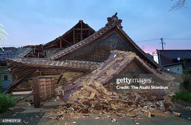 Collapsed Izumo Taisha Agarimichi Church is seen after the Magnitude 7.3 earthquake hit western Tottori on October 6, 2000 in Sakaiminato, Tottori,...