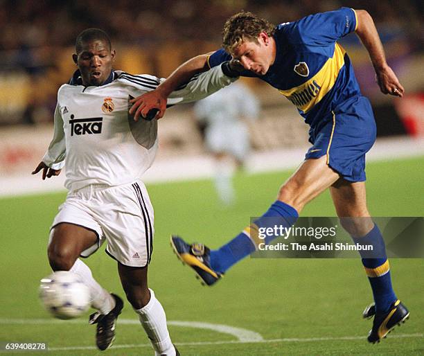 Martin Palermo of Boca Juniors scores his side's second goal during the Toyota Cup match between Real Madrid and Boca Juniors at the National Stadium...