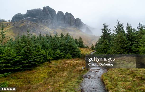 old man of storr, fog, scotland - écosse stock pictures, royalty-free photos & images