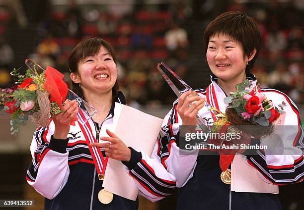 Miyuki Nishii and Yuka Nishii celebrate winning the Women's Doubles final during day one of the All Japan Table Tennis Championships at Nagoya...