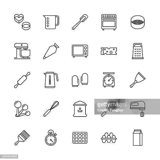 bakery equipment icons - line - wire whisk stock illustrations