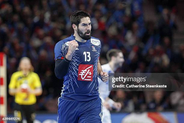 Nikola Karabatic of France is reacting to a play during the 25th IHF Men's World Championship 2017 Round of 16 match between France and Iceland at...