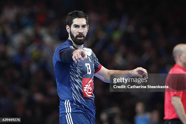 Nikola Karabatic of France is calling a play during the 25th IHF Men's World Championship 2017 Round of 16 match between France and Iceland at Stade...