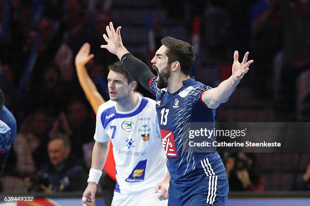 Nikola Karabatic of France is reacting to a play during the 25th IHF Men's World Championship 2017 Round of 16 match between France and Iceland at...