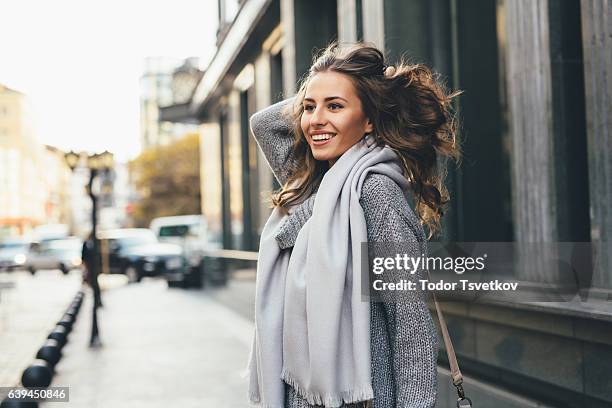 beautiful woman in the city - beautiful woman fall stock pictures, royalty-free photos & images