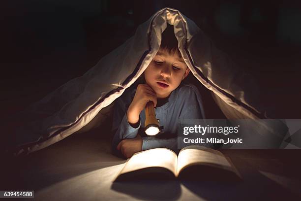 little boy reading a book under the covers with flashlight - torch stock pictures, royalty-free photos & images