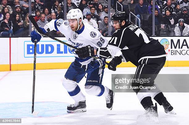 Nikita Nesterov of the Tampa Bay Lightning battles for position against Jordan Nolan of the Los Angeles Kings during the game on January 16, 2017 at...