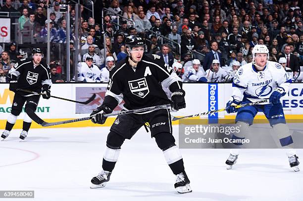 Dustin Brown of the Los Angeles Kings and Erik Condra of the Tampa Bay Lightning skates during the game on January 16, 2017 at Staples Center in Los...