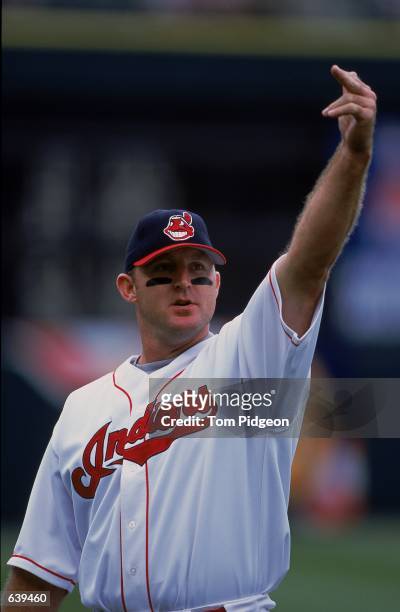 Jim Thome of the Cleveland Indians gesturing during the game against the Kansas City Royals at Jacobs Field in Cleveland, Ohio. The Indians defeated...