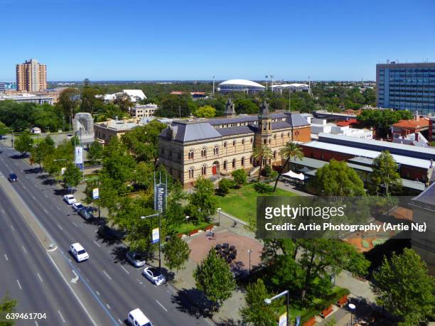 view of north terrace skyline with adelaide oval, adelaide, south australia - adelaide stockfoto's en -beelden