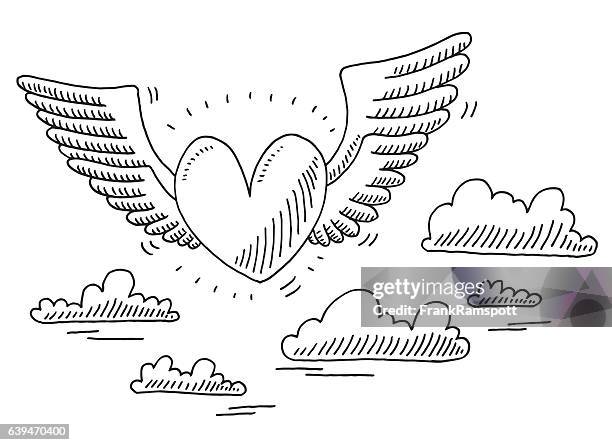 liebe herz fliegen in der luft zeichnung - free vector clip art black and white stock-grafiken, -clipart, -cartoons und -symbole
