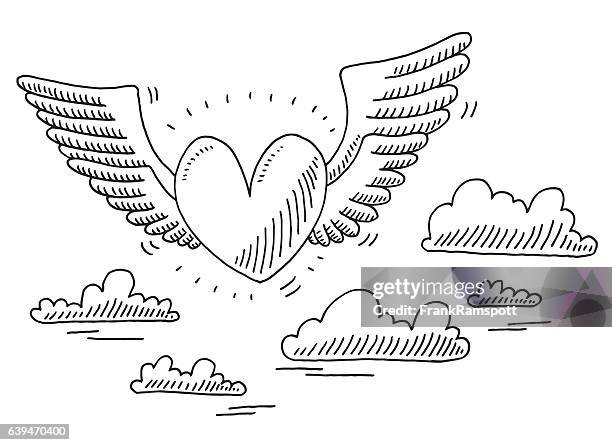 love heart flying in the air drawing - tranquil scene stock illustrations