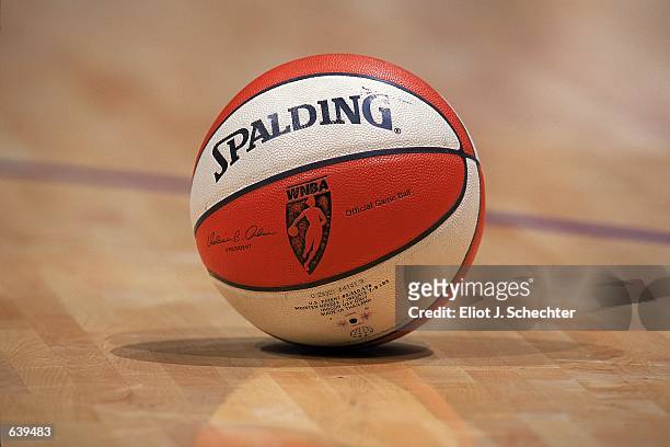 Close up of the detail on the basketball during the game between the Los Angeles Sparks and the Sacramento Monarchs at the STAPLES Center in Los...