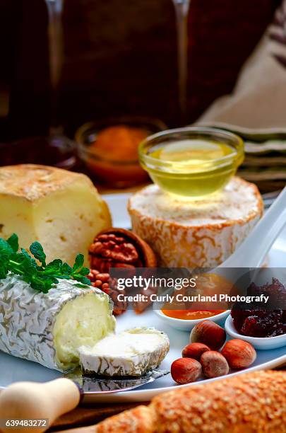 variety of ukrainian artisanal soft cheeses: valoc, blan, premiera with cranberry sauce, honey, mint, peach confiture, walnuts, hazelnuts, sesame bread and wine - schimmelkäse soße stock-fotos und bilder