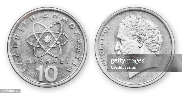 currency metal coin macro photo with white background - griechische geldmünze stock-fotos und bilder