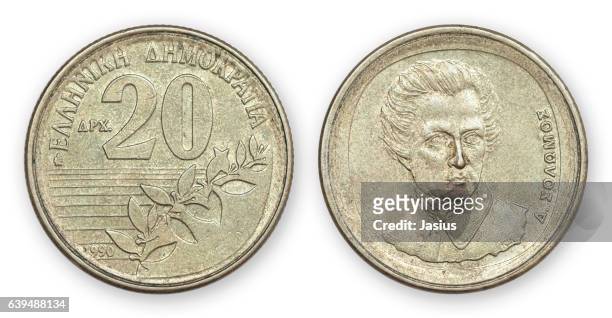 currency metal coin macro photo with white background - griechische geldmünze stock-fotos und bilder