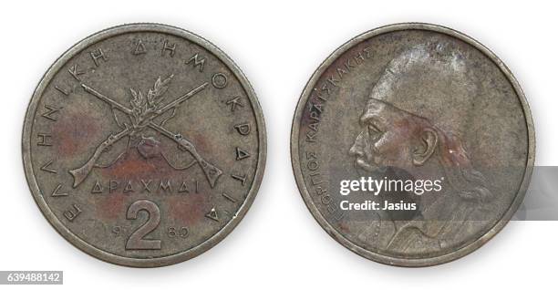 currency metal coin macro photo with white background - greek coins stock pictures, royalty-free photos & images
